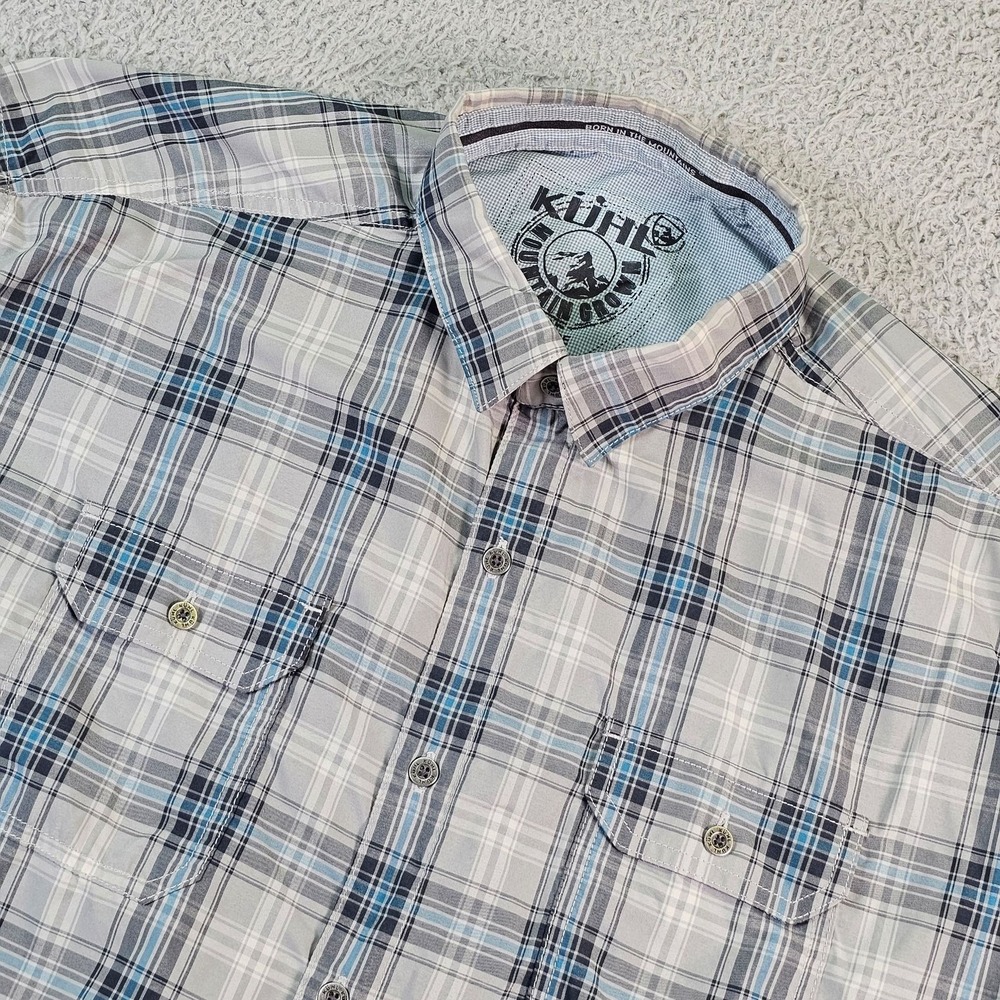 Kuhl Shirt Mens XL Gray Blue Plaid Short Sleeve Button Up Outdoor Hiking